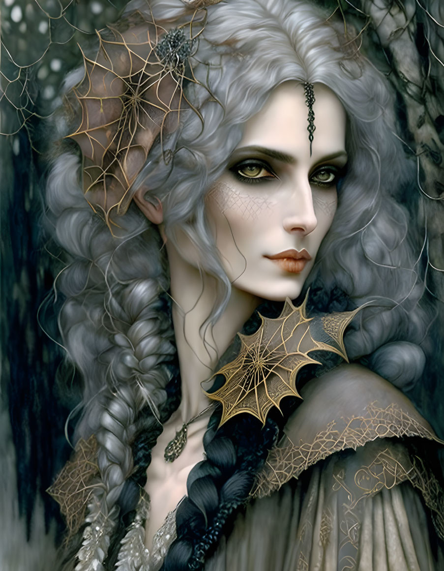 Ethereal woman with silver hair in forest setting