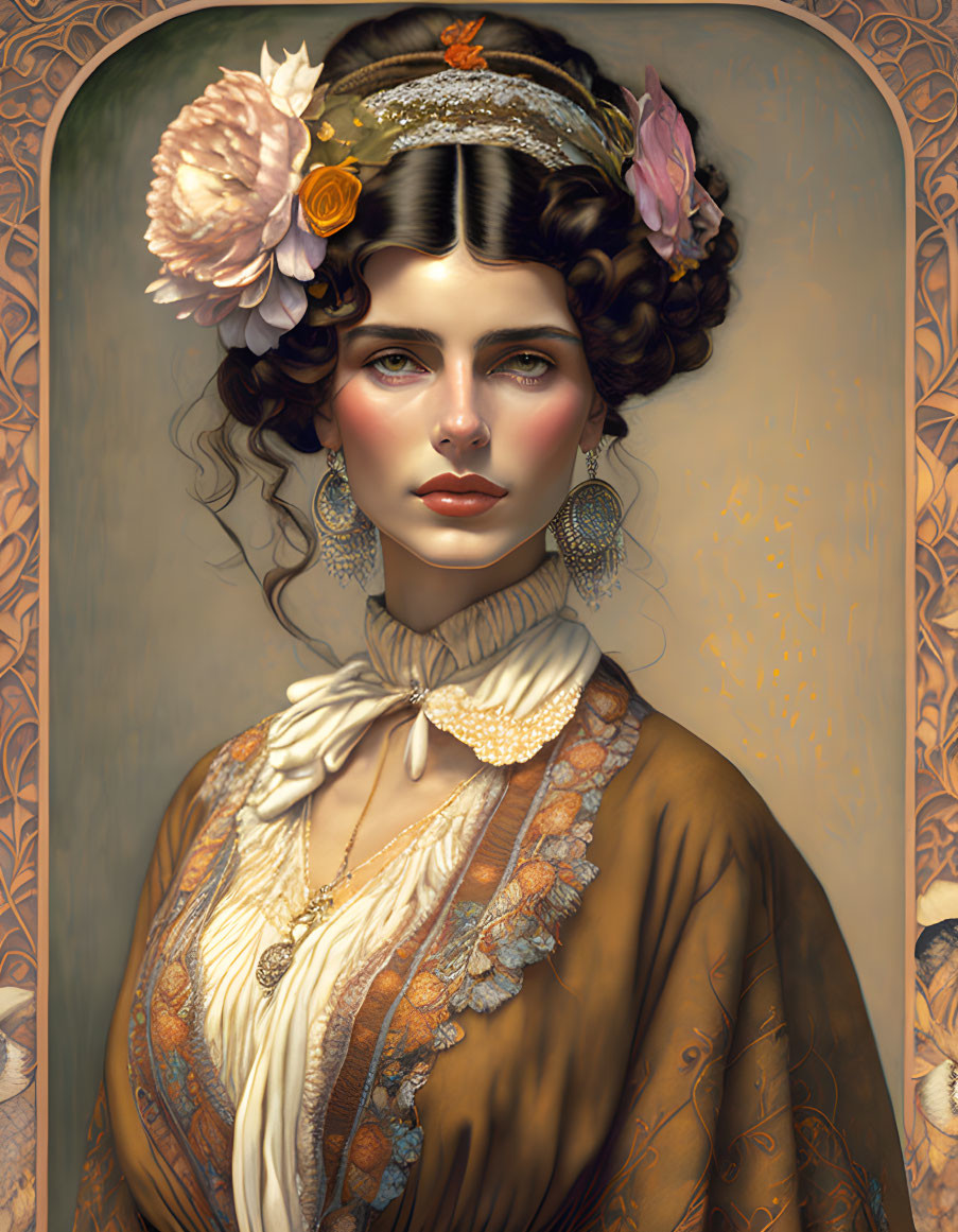 Vintage-inspired woman with dark hair and floral accessories in elegant attire.