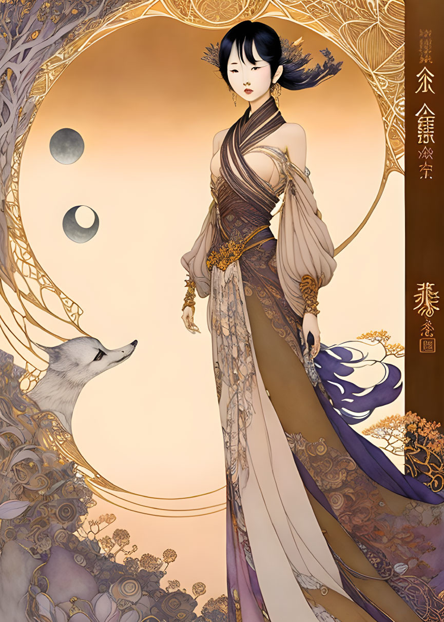 Illustrated woman in traditional attire with white fox in circular floral and celestial motif frame