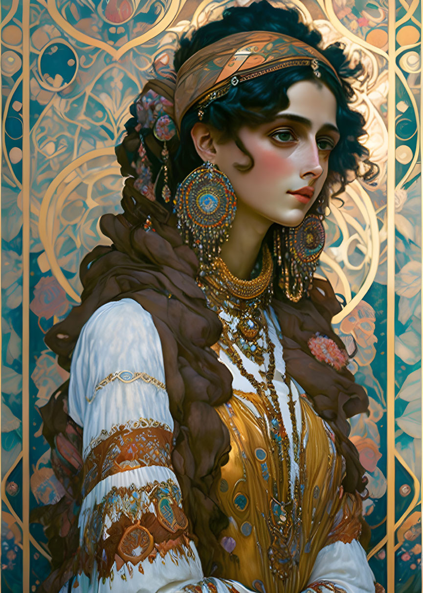 Dark-haired woman in ornate headpiece and earrings against Art Nouveau background