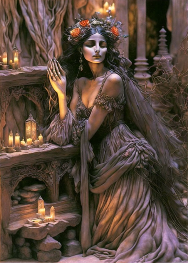 Gothic artwork: Pale woman with flower crown in candlelit stone alcoves