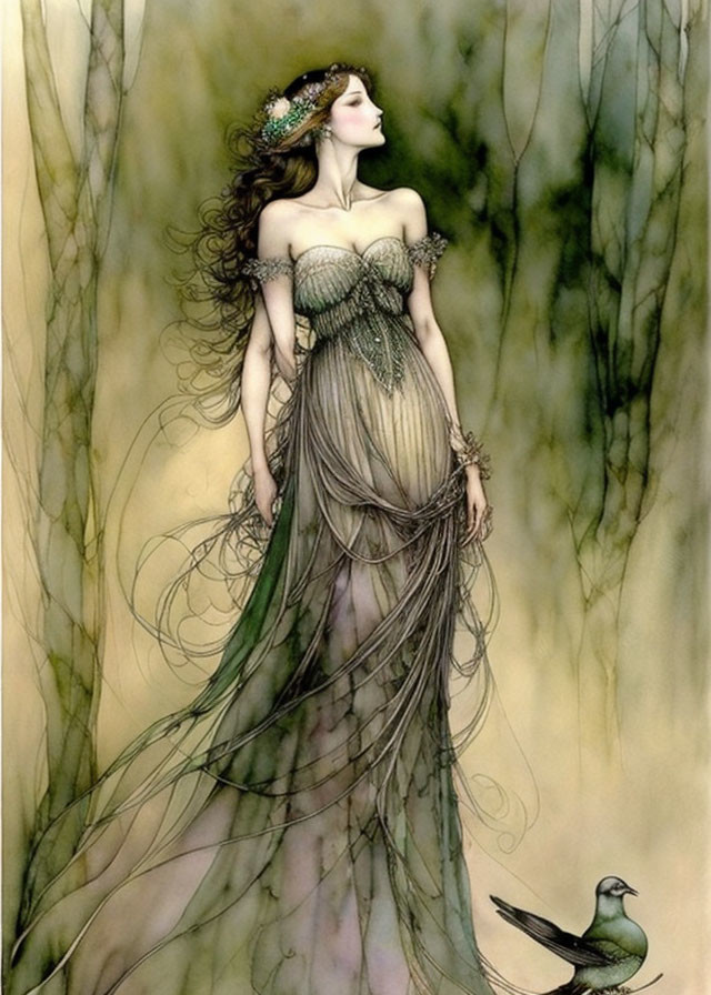 Ethereal illustration of woman in flowing dress with bird among vines