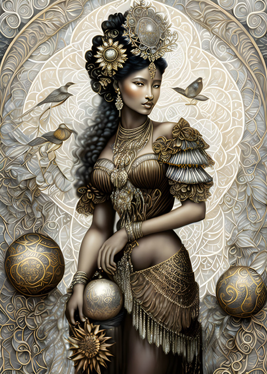 Stylized woman with golden jewelry in mystical setting