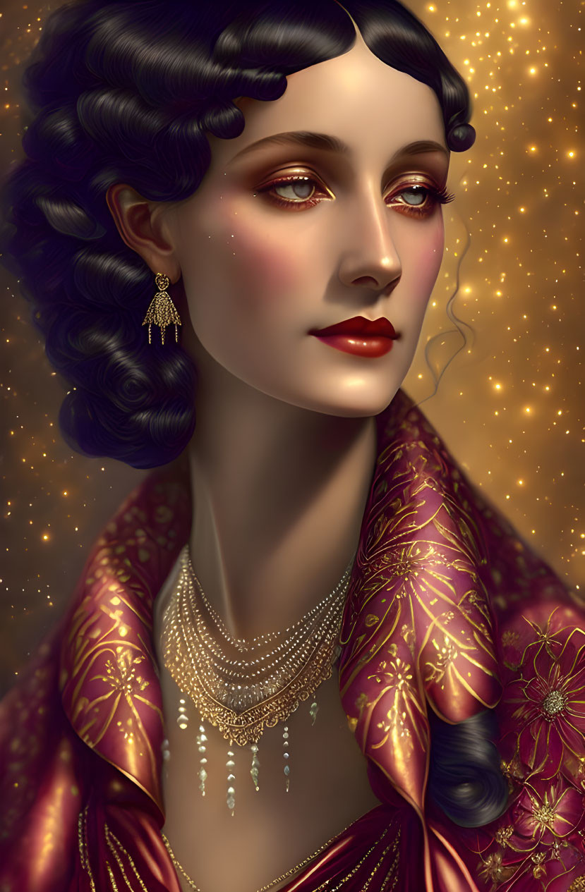 Dark-haired woman in vintage curls, gold jewelry, and ornate robes on starry background