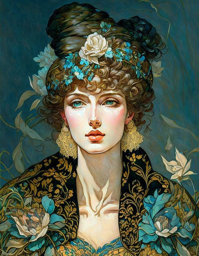 Detailed Portrait of Woman with Elaborate Floral Hairstyle