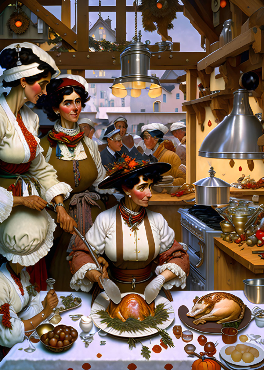 Traditional Clothing: Women with Turkey in Festive Kitchen