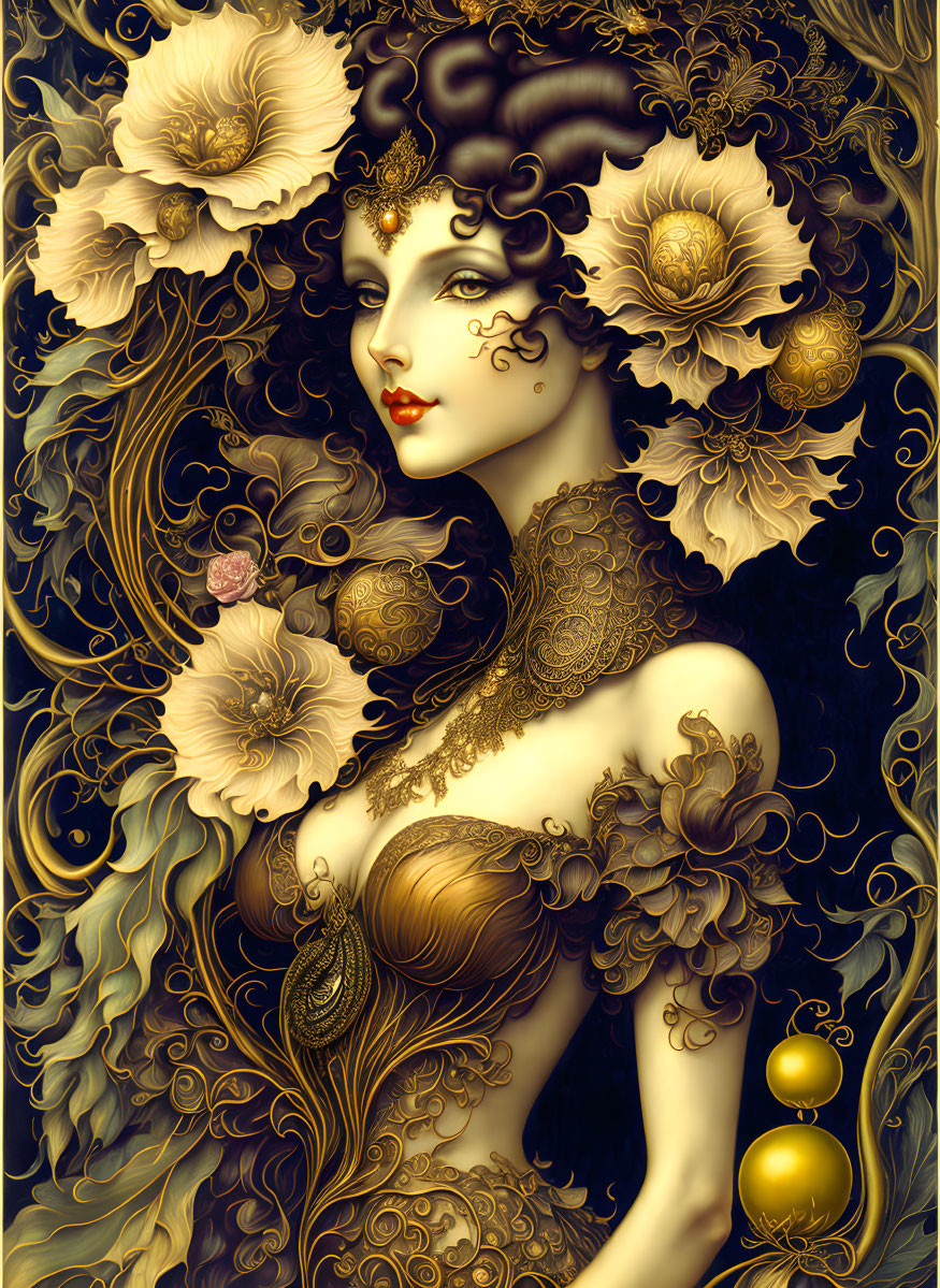 Stylized woman with golden floral design on dark background