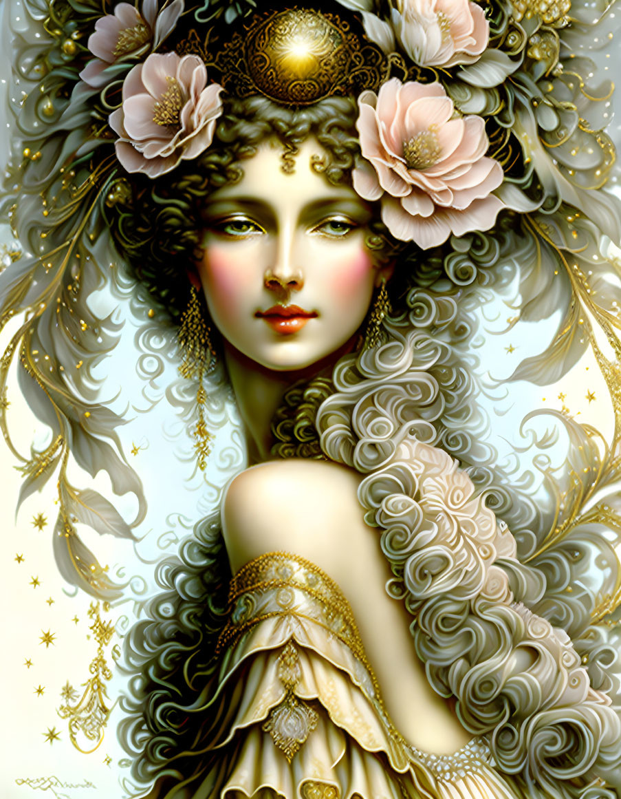 Detailed illustration of woman with gold & pink floral headpiece, curly hair, gold jewelry