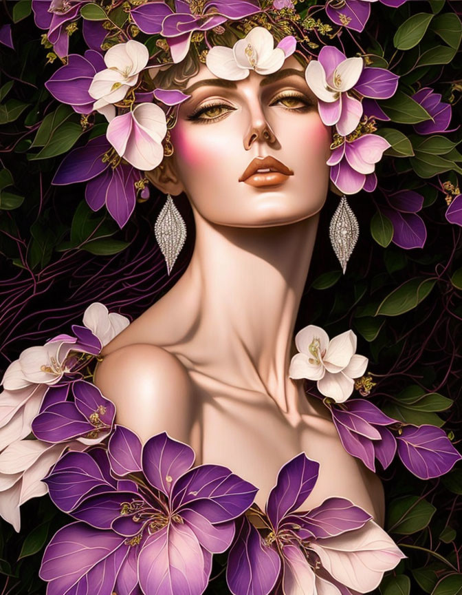 Woman's face with purple and white floral surroundings and long earrings.