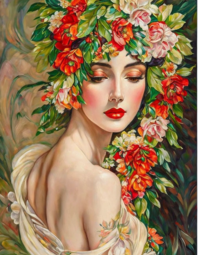 Portrait of Woman with Floral Wreath in Vibrant Reds and Pinks