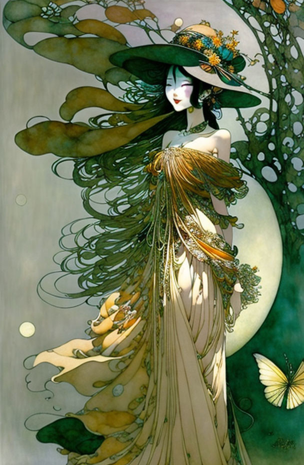 Ethereal woman in flowing dress under full moon and tree with butterfly