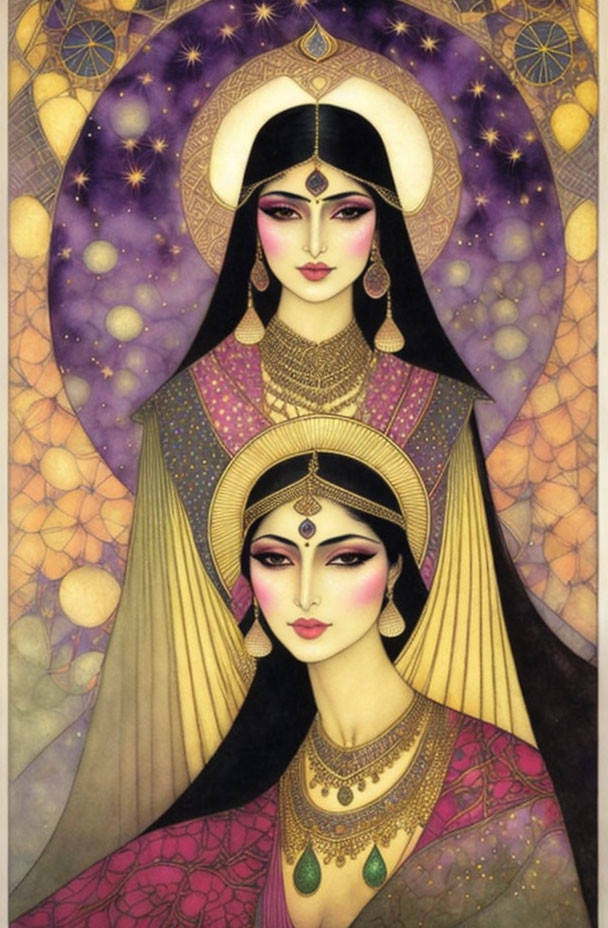 Stylized cosmic women in ornate attire against starry background