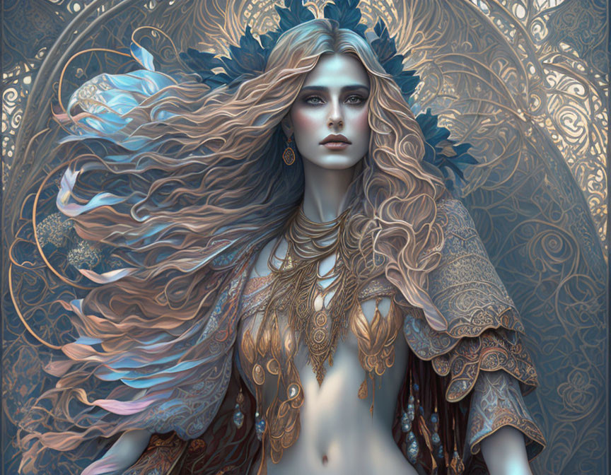 Fantasy female figure with flowing hair and ornate garments on detailed background