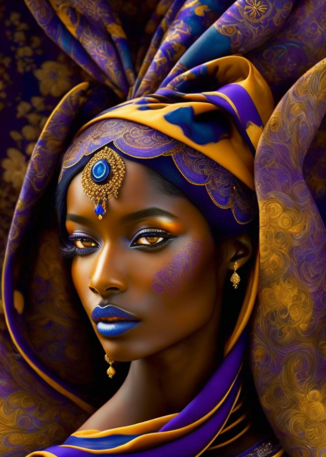 Digital artwork of woman in ornate headscarf & jewelry, rich blue & golden hues.