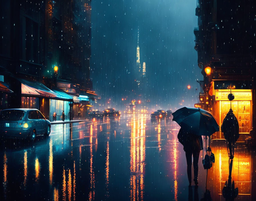 City night scene: rainy streets, neon lights, person with umbrella, parked cars by lit shops