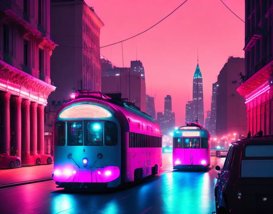 Vintage trams on neon-lit street under pink sky with illuminated buildings