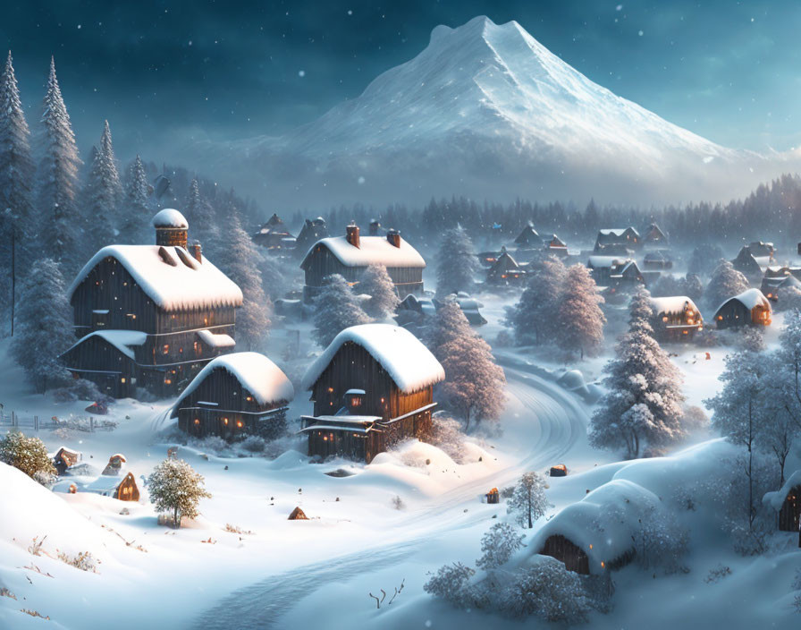 Snow-covered winter village with starry sky, illuminated cottages, and majestic mountain.