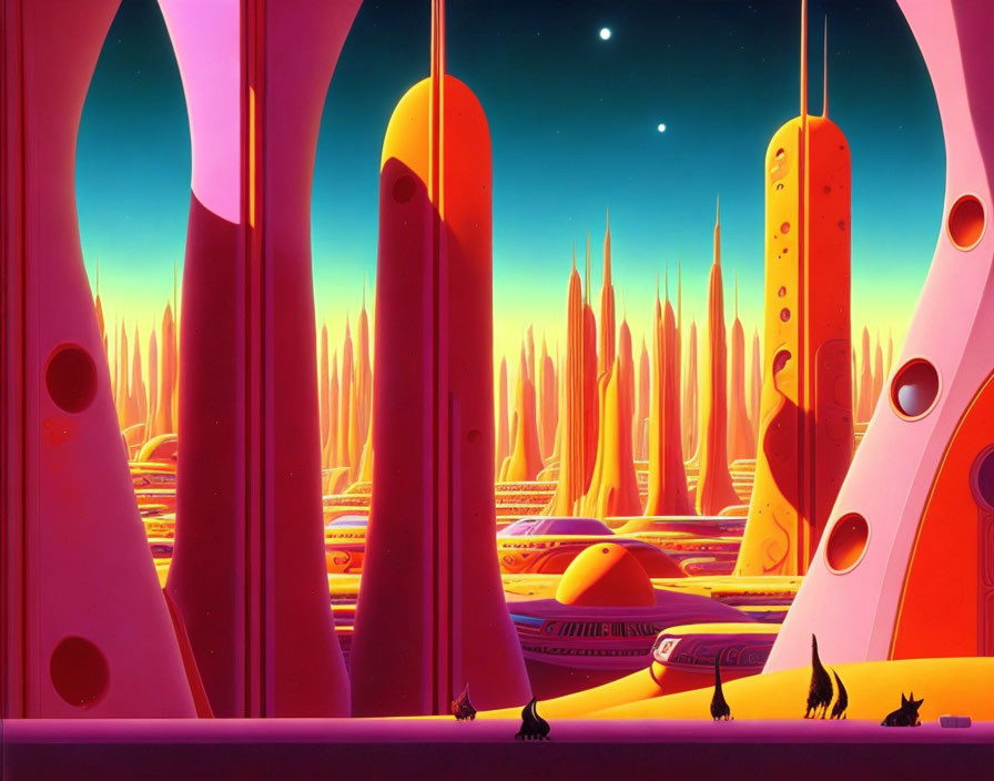 Futuristic sci-fi landscape with slender structures, spaceship, and silhouetted figures