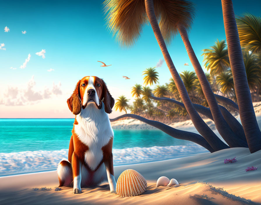 Dog on Tropical Beach with Palm Trees and Seashells