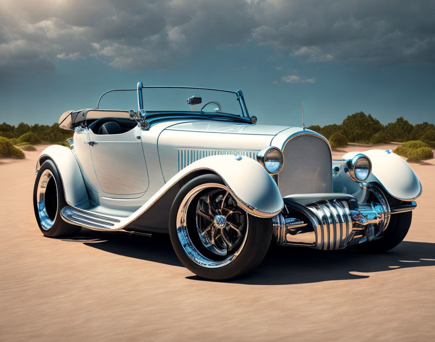 Vintage convertible car with white wall tires and chrome accents under cloudy sky