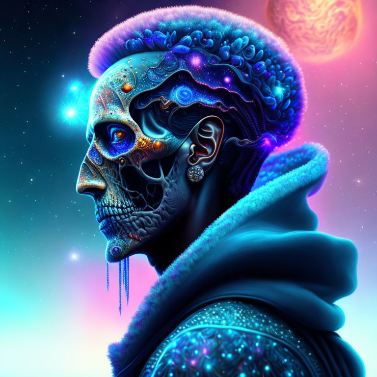 Detailed digital skull art with cosmic and anatomical elements on space backdrop.