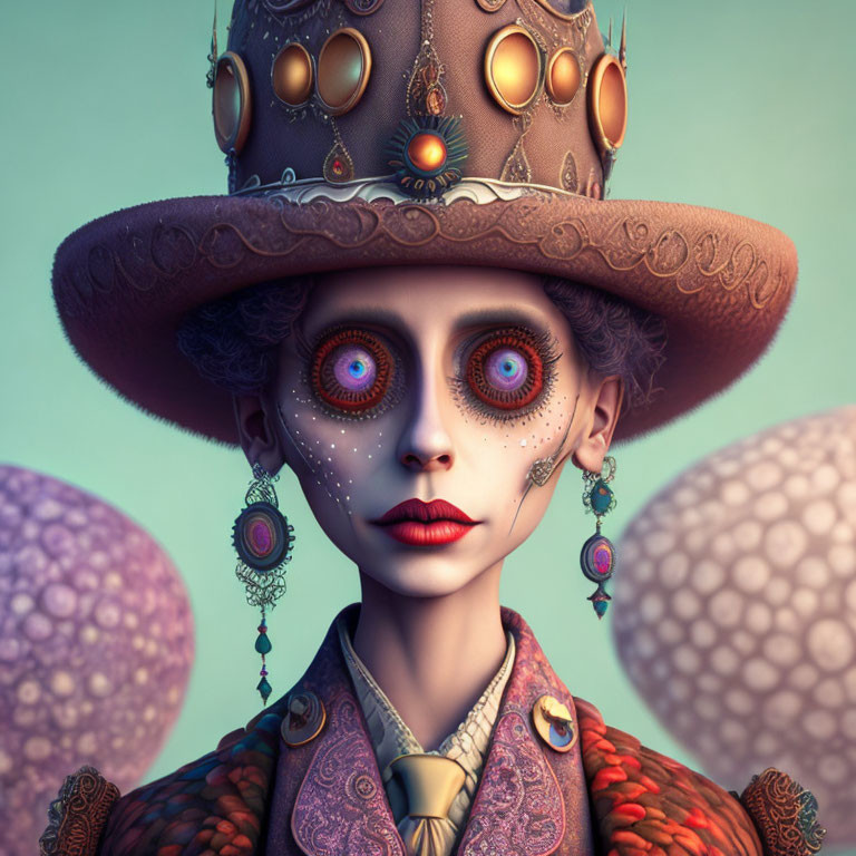 Colorful portrait with intricate details and unique accessories on a backdrop of spheres