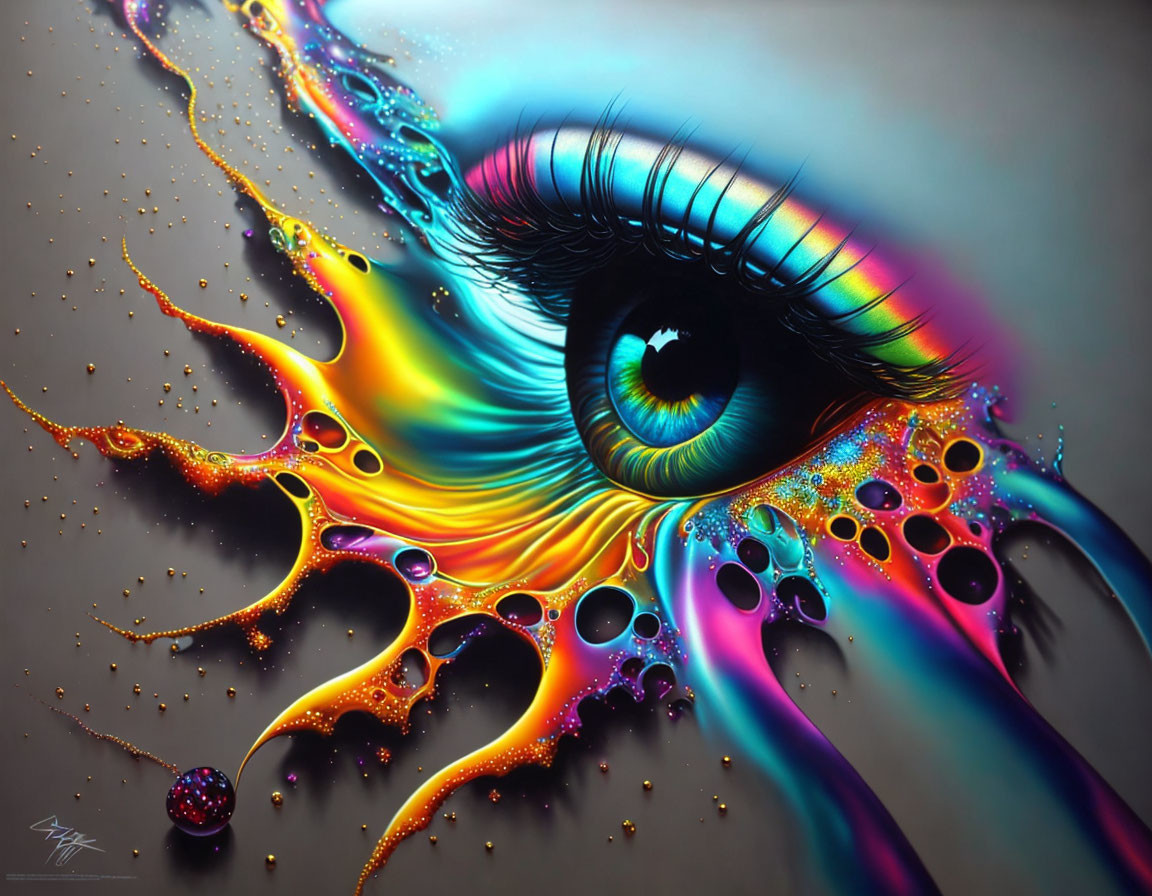 Vibrant stylized eye art with iridescent tears on dark background