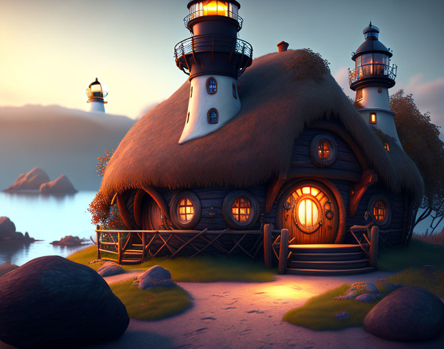 Thatched Roof Cottage with Lighthouse Features at Twilight