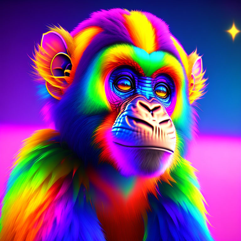 Colorful Neon Monkey Artwork on Gradient Background with Star