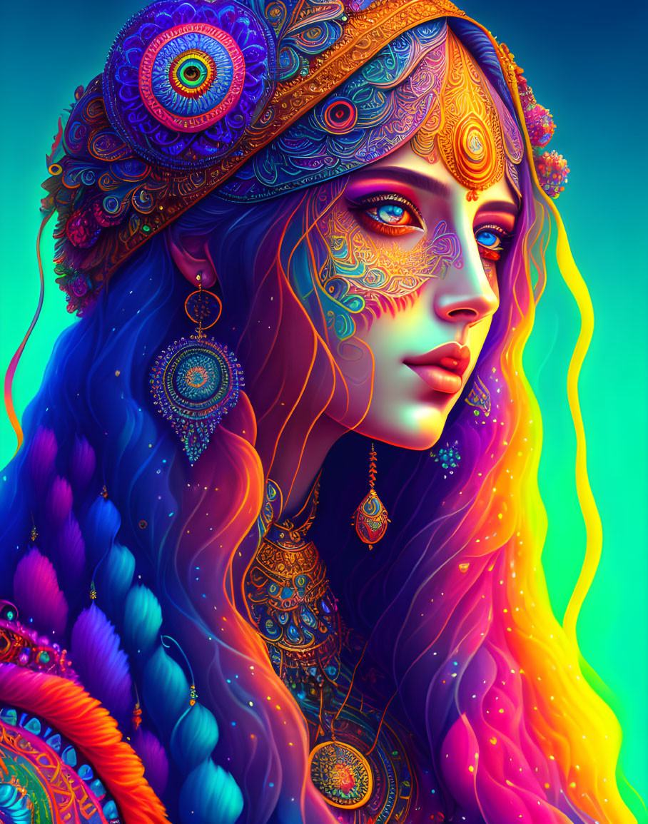 Colorful digital portrait of woman with mandala patterns and flowing hair