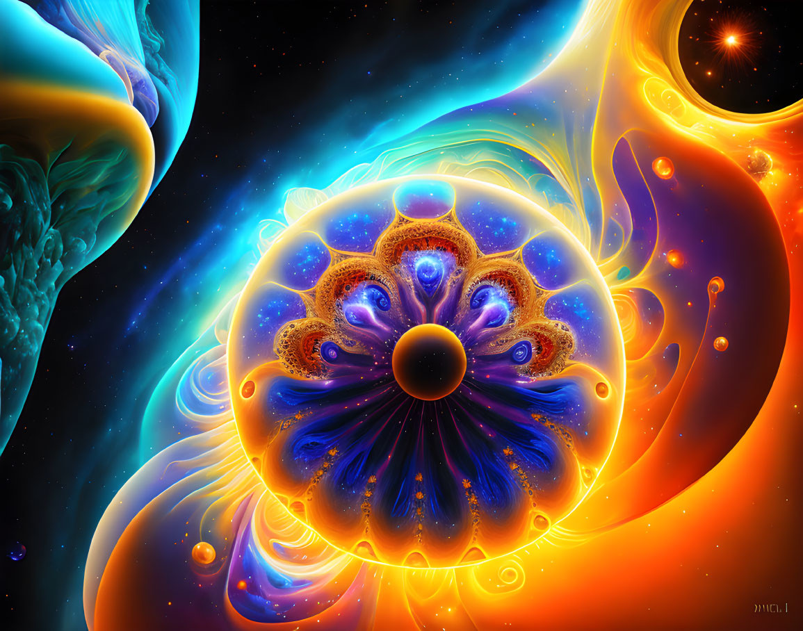 Colorful digital artwork: Glowing central entity with floral patterns and cosmic elements