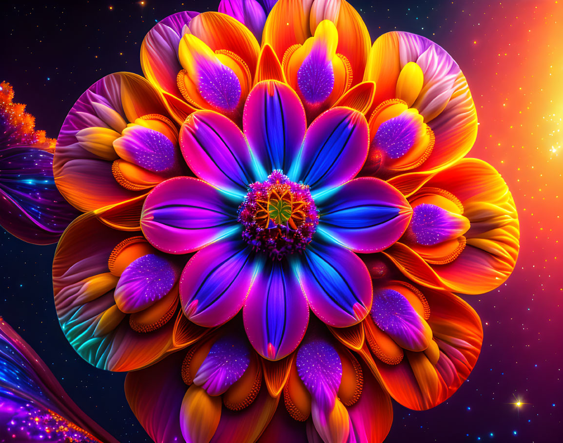 Colorful digital artwork: Layered petal flower in purple, red, orange, and yellow on