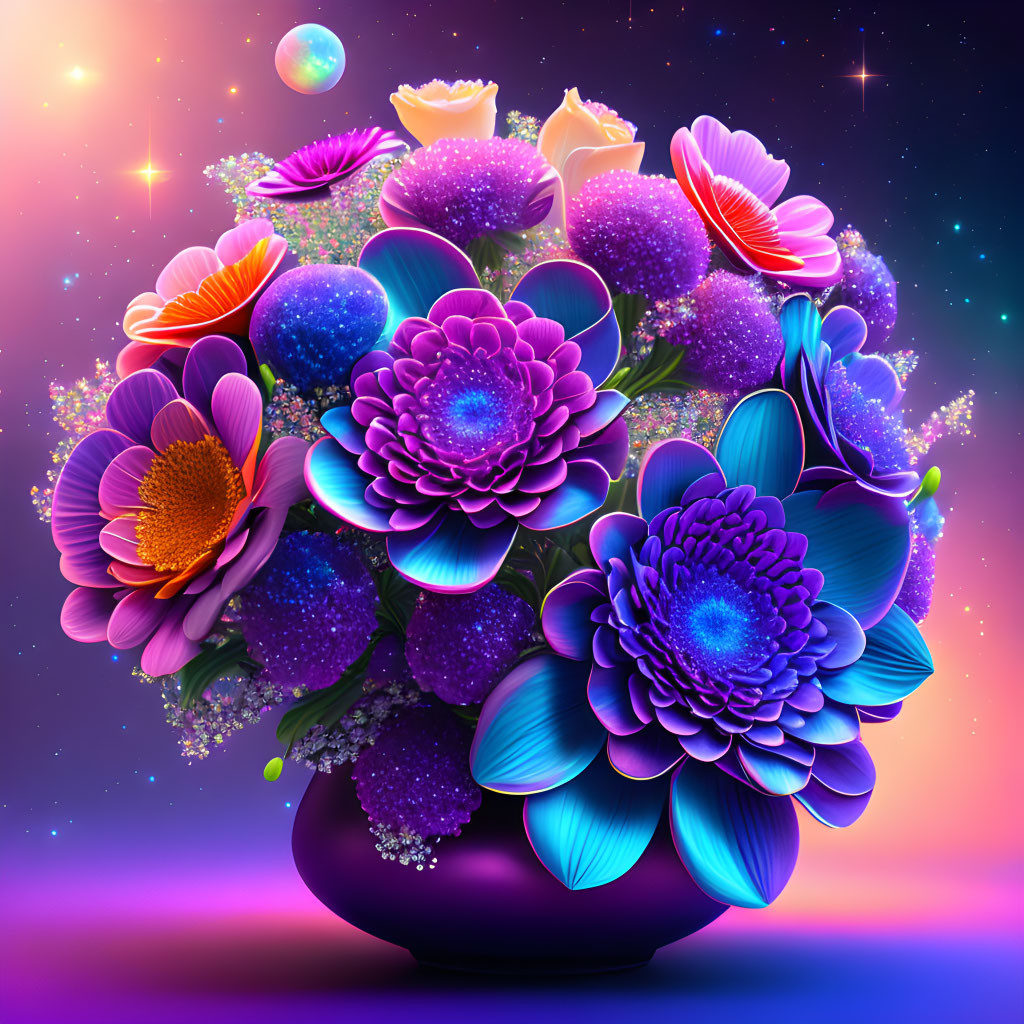 Colorful Stylized Flowers on Cosmic Background with Planets and Stars