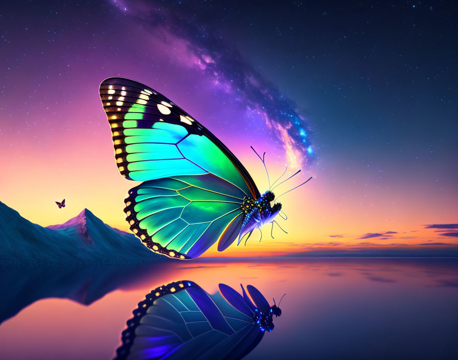 Colorful Butterfly Hovering over Surreal Landscape at Sunset