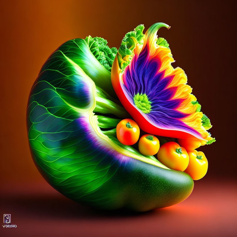 Vibrant digital artwork: Zucchini form with plant elements