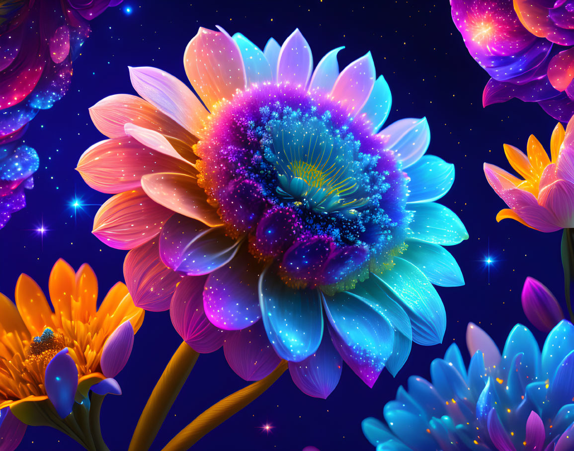 Colorful cosmic flower artwork with yellow to blue gradient and stars on deep space background