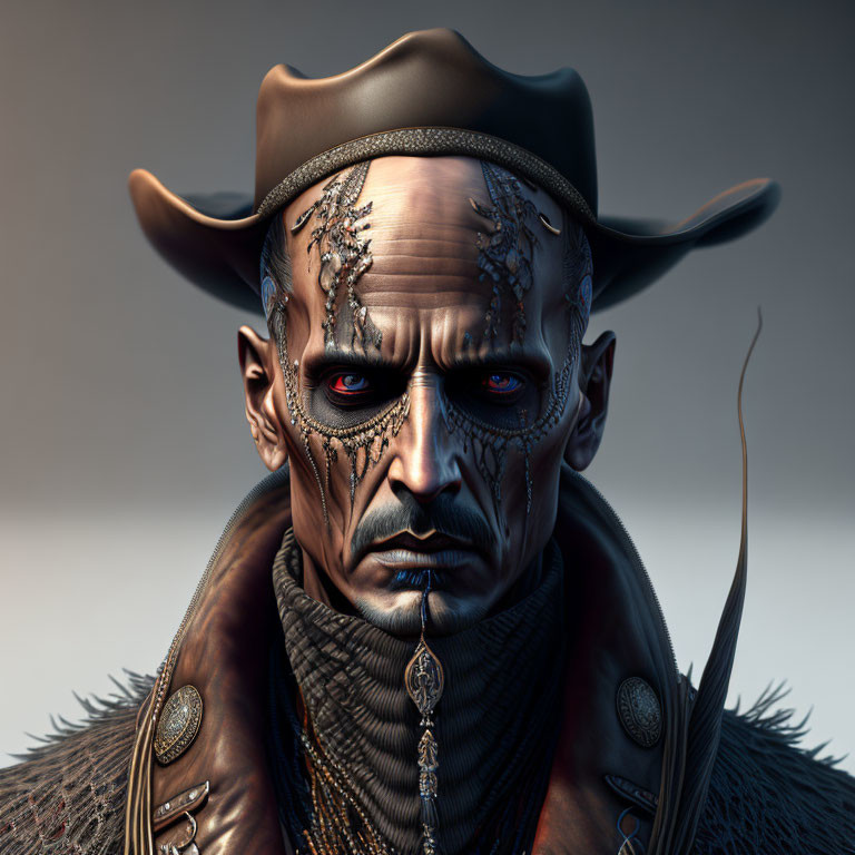 Cybernetic cowboy with mechanical enhancements and weathered attire