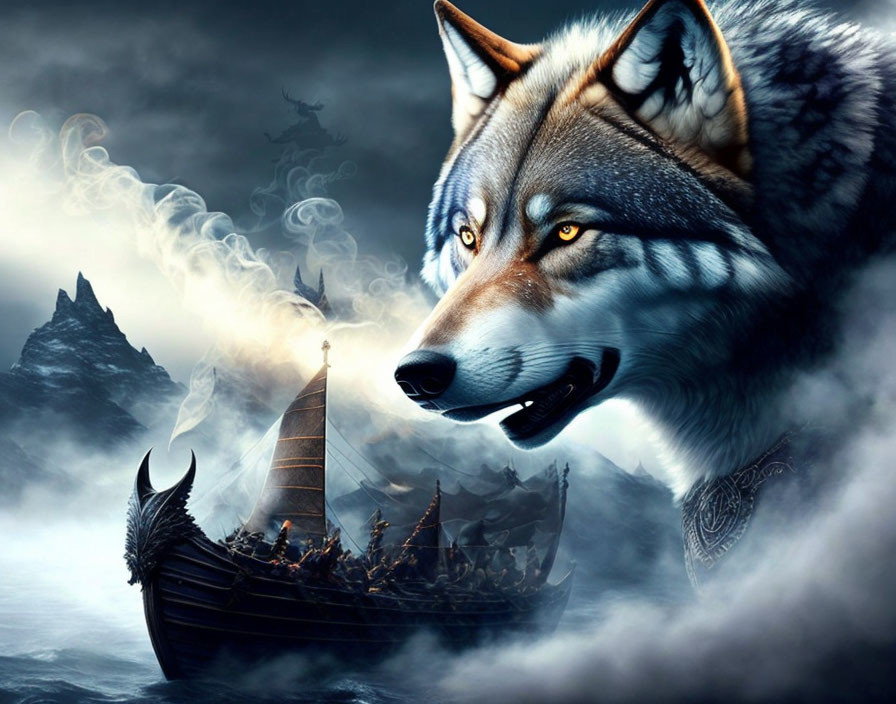 Ethereal wolf head above Viking ship in misty seascape