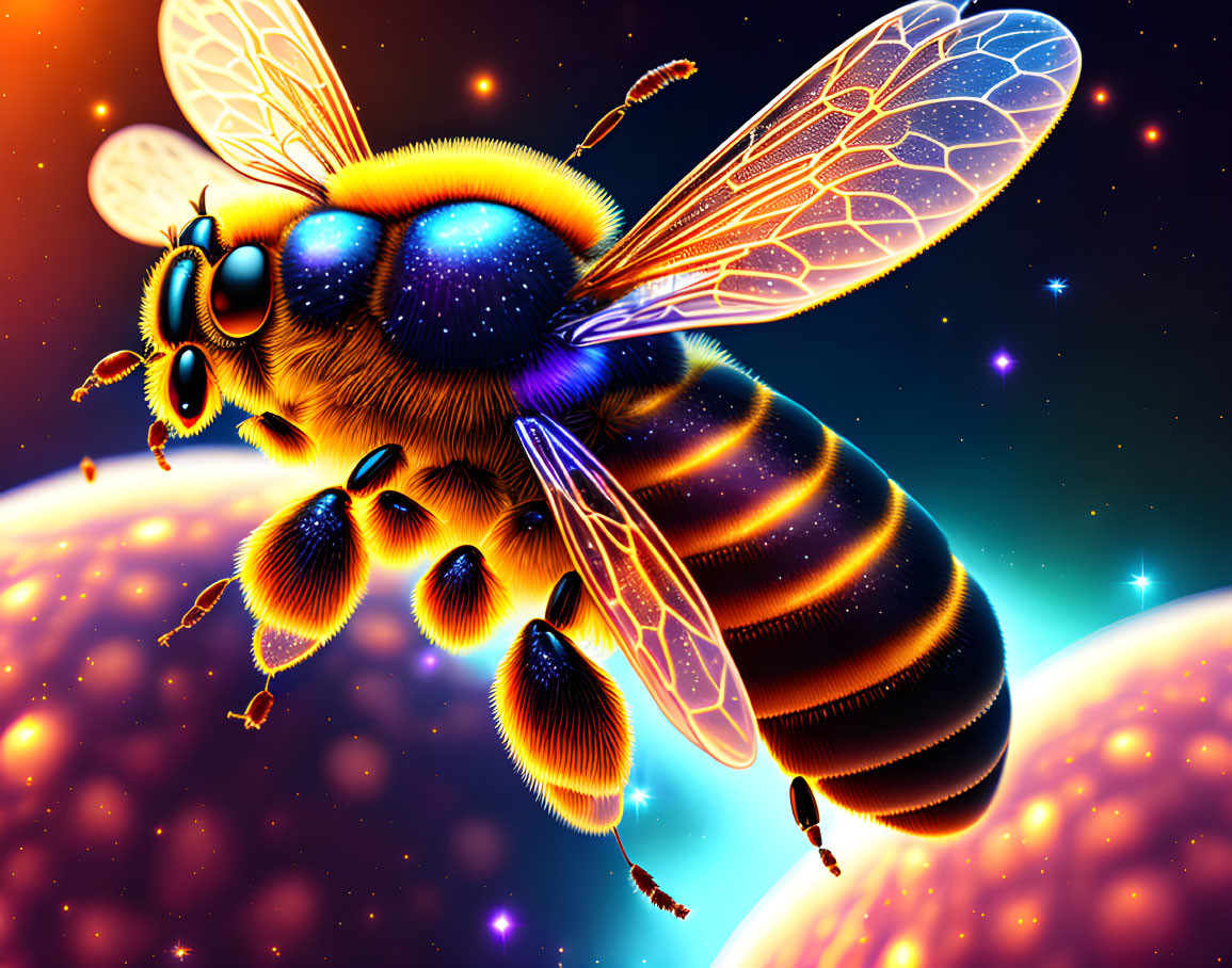 Detailed illustration of vibrant bee with smaller bees in cosmic setting