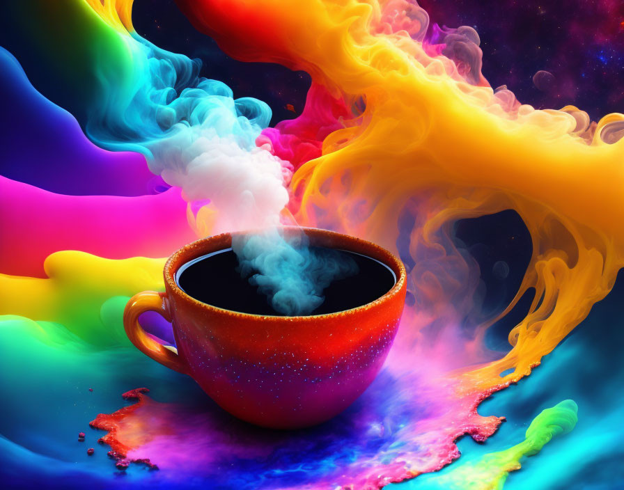 Colorful cosmic-themed image with steaming cup in vivid smoke swirls on nebula backdrop