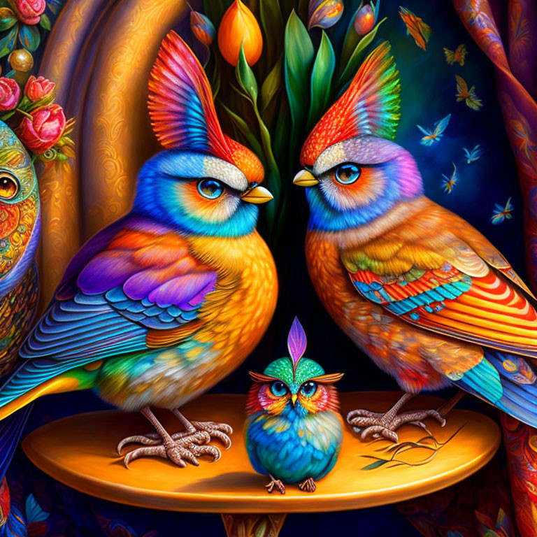 Colorful illustration of three birds with intricate patterns on feathers