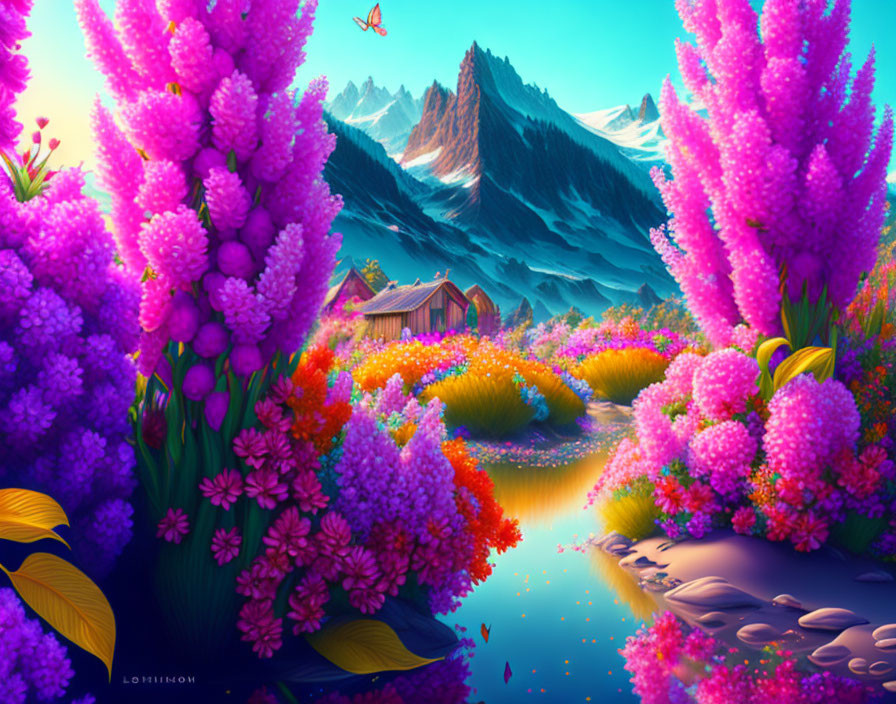 Colorful Floral Landscape with Cottage, Mountains, and Serene Stream