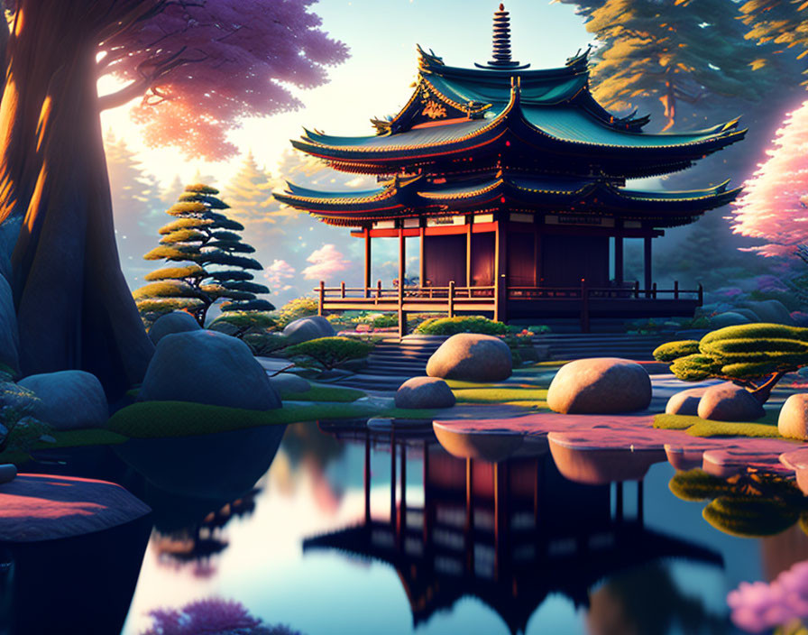 Tranquil Japanese garden with pagoda, reflecting pond, and vibrant flora