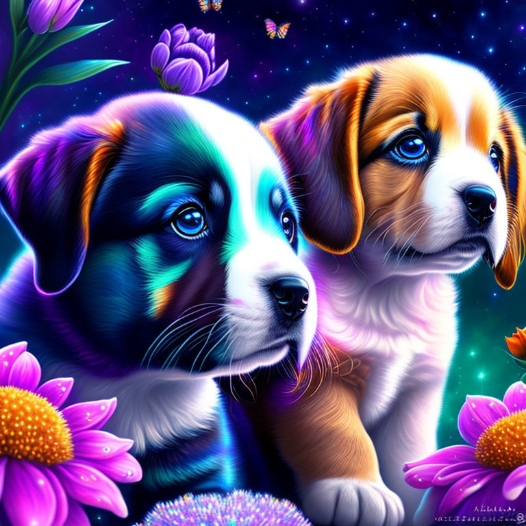 Illustrated puppies with purple flowers on cosmic backdrop