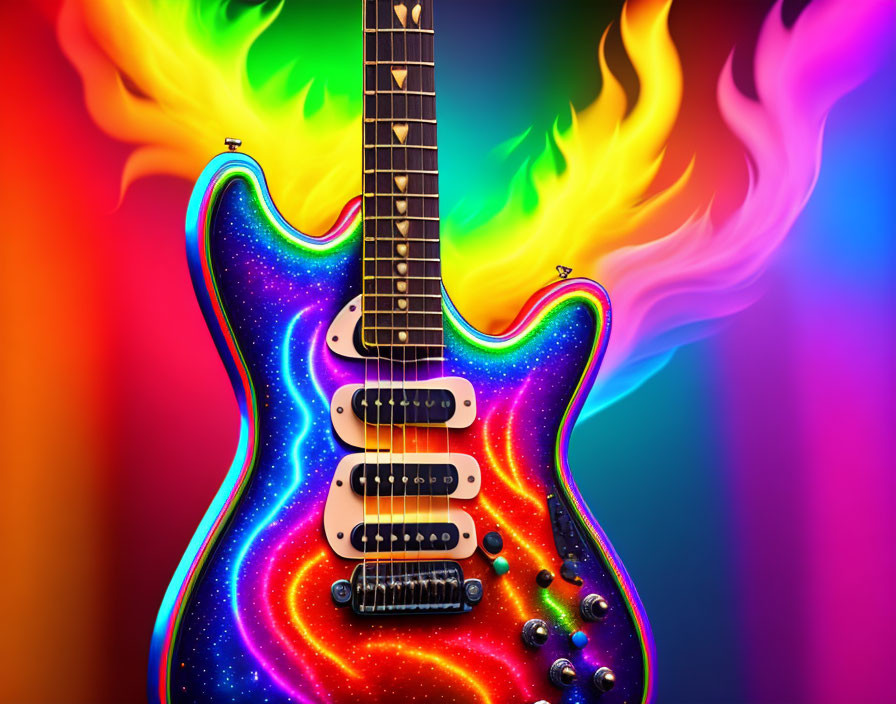 Multicolored Electric Guitar with Flames on Rainbow Background