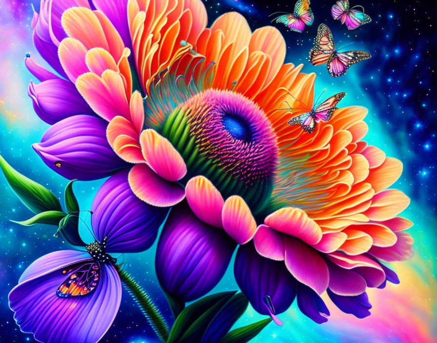 Colorful Flowers and Butterflies in Cosmic Starry Setting