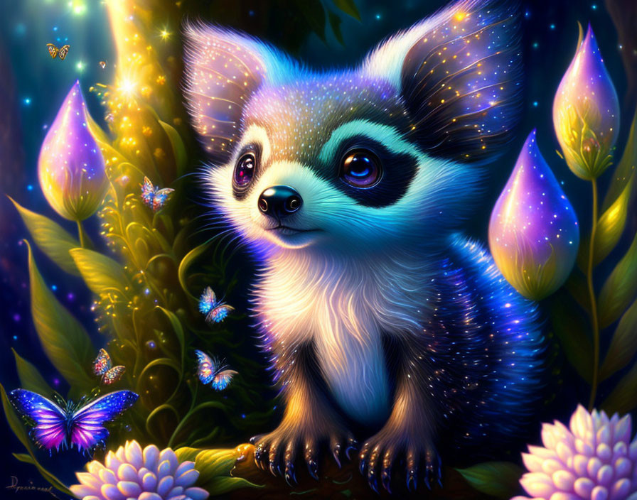 Sparkling-Eyed Cartoon Creature in Fantasy Scene