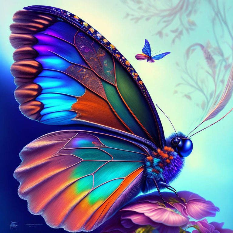 Colorful Butterfly Artwork on Purple Flowers and Blue Background