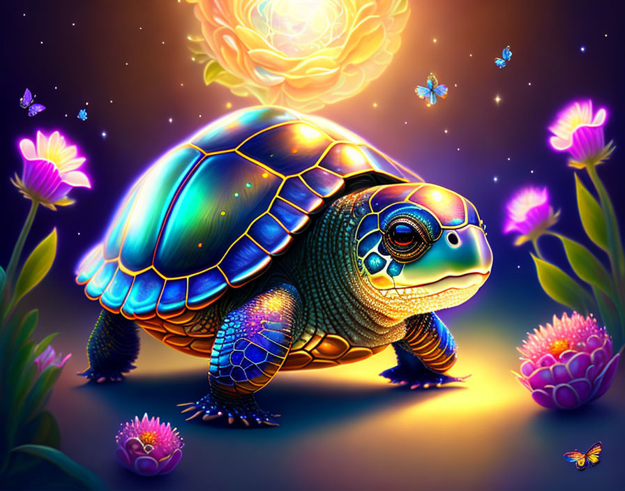 Vibrant glowing turtle with butterflies and flowers on mystical background