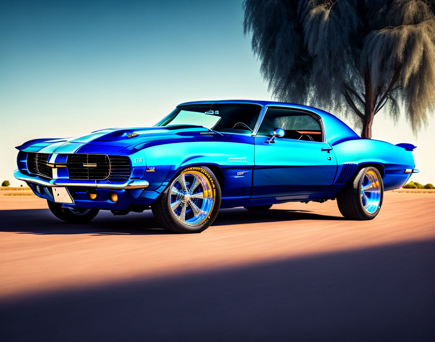 Classic Muscle Car: Vibrant Blue with White Stripes, Chrome Detailing, and Mag Wheels